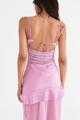 Delilah Maxi Dress Bubblegum by Benni – Occasion-ready satin, mesh & chiffon mix with feminine gathers and ruffle details, perfect for elegant celebrations.