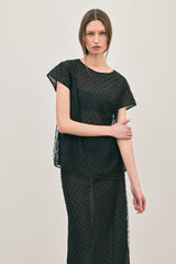 The Chelsea Beaded Top Noir by Solaqua – sheer beaded top with geometric embellishments and detachable camisole.