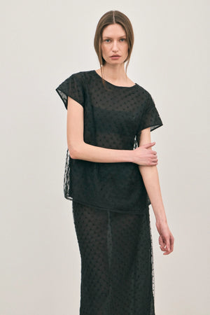 The Chelsea Beaded Top Noir by Solaqua – sheer beaded top with geometric embellishments and detachable camisole.