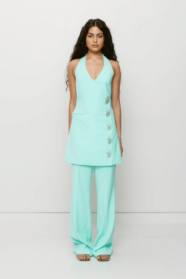 Inka Vest Dress Aqua by The Wolf Gang, a tailored mini with halter neckline and custom hardware. Perfect for bold day-to-night dressing.