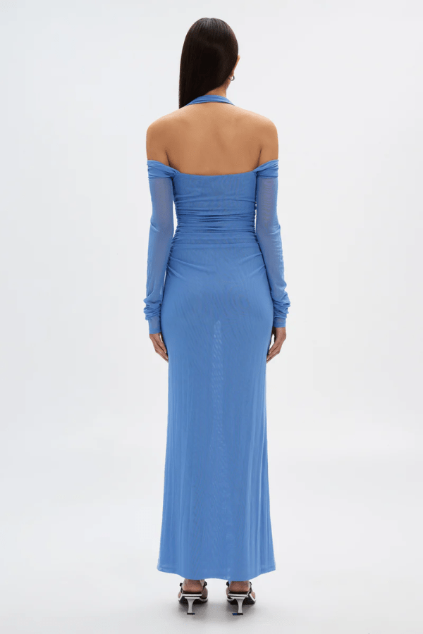 Sonnet Mesh Dress Cornflower Blue by Misha – A trendy off-shoulder, body-skimming maxi with halter neck strap and delicate gathers, perfect for sophisticated nights.
