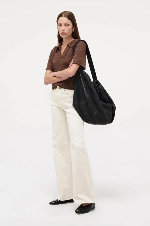 Neuw Denim Cecil Knit Polo in Espresso, cropped knit tee with polo collar, ribbed hems, and retro-inspired silhouette.