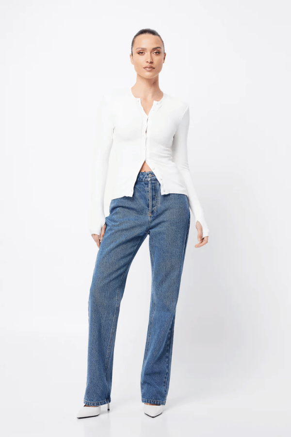 Lyon Cardigan White by Mossman, soft double-layer ribbed jersey with round neckline and thumb holes, perfect for trendy viral layering and cozy day-to-night style.