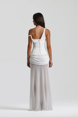 Cadence Dress White by Natalie Rolt, featuring a bias-cut georgette silhouette, off-shoulder detail, removable corset, and gathered skirt, offering both structured and relaxed styling options.