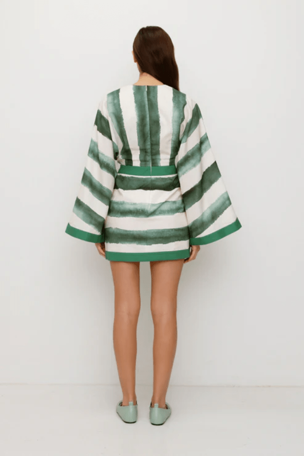 Havana Mini Dress by The Wolf Gang – A trendy mini with bold print, kimono bell sleeves, and contrast bindings, perfect for effortless day-to-night style.