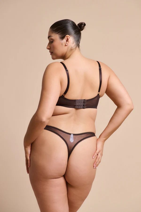 Sorrento Thong in Espresso by Kat the Label, high-cut satin thong with eyelash lace detailing and sheer mesh back, perfect for pairing with the Sorrento Underwire for an elegant, sultry look.