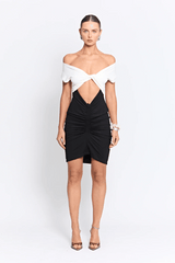 Mini Ramos Dress Two Tone by Pfeiffer – A soft, stretchy, ruched mini with double ties and a flattering fit, perfect for date nights or rooftop drinks.