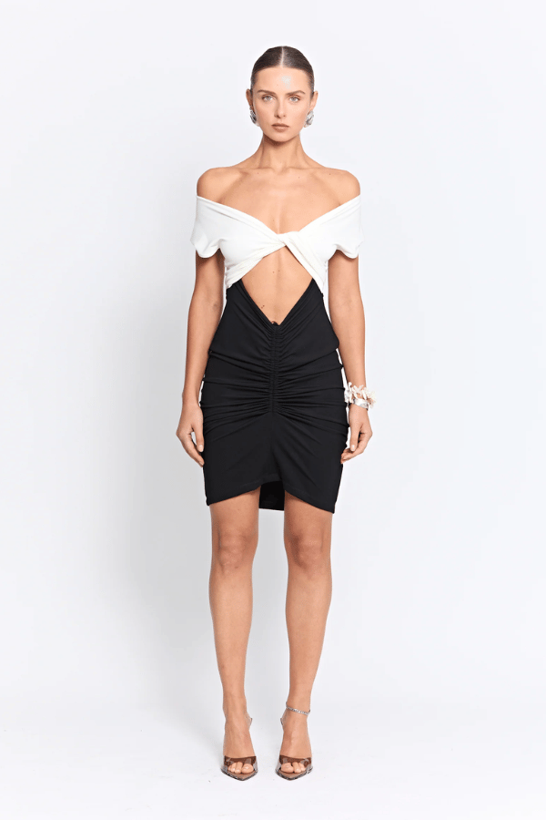 Mini Ramos Dress Two Tone by Pfeiffer – A soft, stretchy, ruched mini with double ties and a flattering fit, perfect for date nights or rooftop drinks.