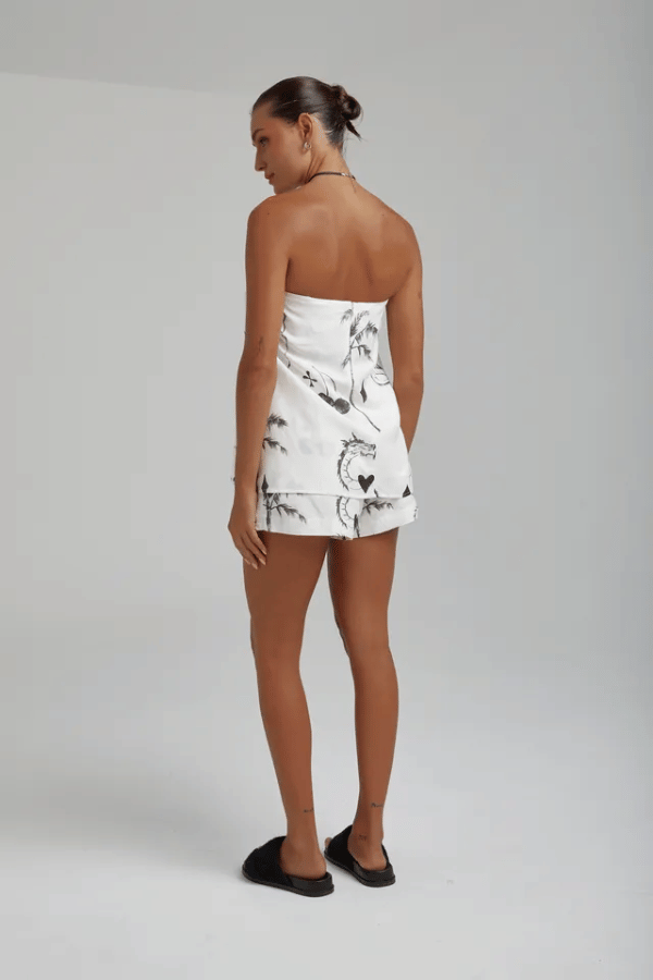 Strapless Shirt Top Black Dragon Of Hearts by Summi Summi, lightweight linen-rayon blend with elastic back panel, perfect for trendy viral warm-weather looks and sleek casual style.