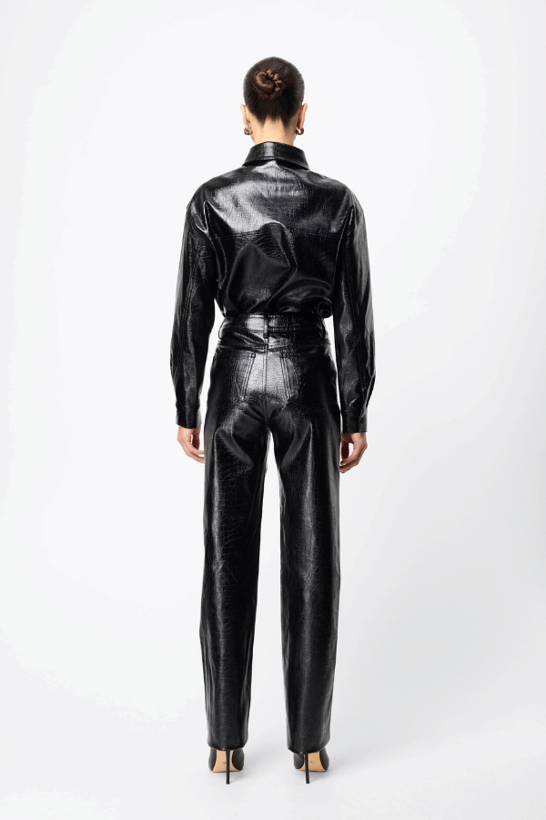 Salt Water Pant Croc by Mossman, high-rise faux croc leather trousers with a straight leg, jean-style pockets, and belt loops. Fierce yet practical for everyday wear.