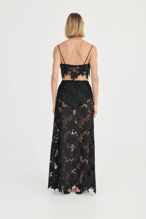 Margaux Skirt by Solaqua Studio, noir crochet floral lace maxi skirt with elastic waist and elegant fluid silhouette.