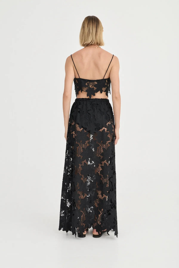 Margaux Skirt by Solaqua Studio, noir crochet floral lace maxi skirt with elastic waist and elegant fluid silhouette.