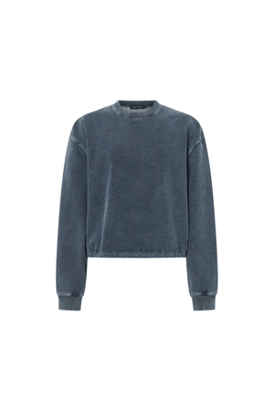 Dovell Crew Indigo by Camilla and Marc, denim fleece with saddle stitching and adjustable hem, perfect for casual days or trendy streetwear layering.