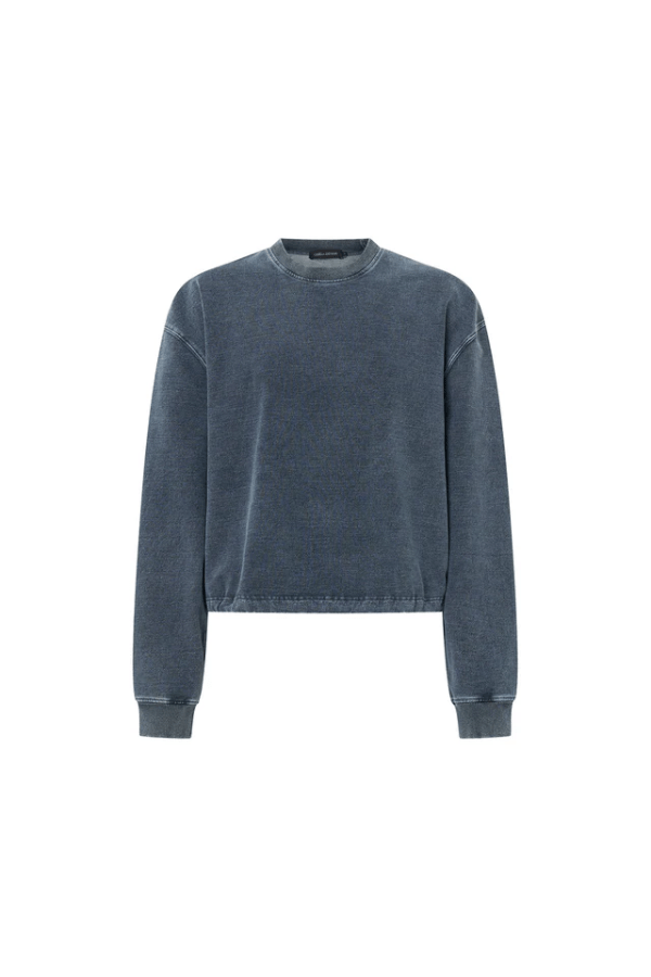 Dovell Crew Indigo by Camilla and Marc, denim fleece with saddle stitching and adjustable hem, perfect for casual days or trendy streetwear layering.