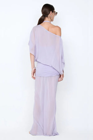 Delilah Overlay Dress in Wisteria by Bec + Bridge, an ethereal off-shoulder maxi with a sheer georgette overlay and removable slip for graceful elegance.