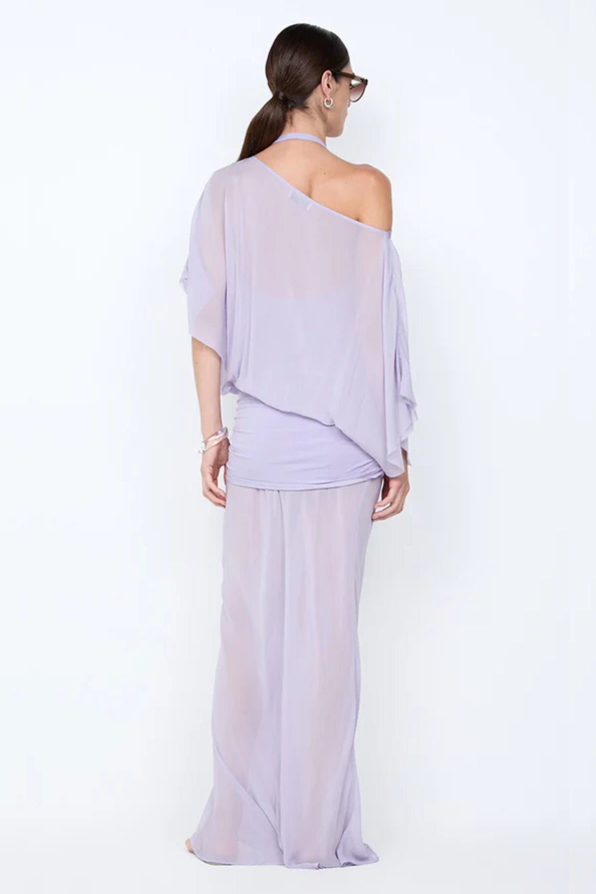 Delilah Overlay Dress in Wisteria by Bec + Bridge, an ethereal off-shoulder maxi with a sheer georgette overlay and removable slip for graceful elegance.