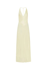 Jaz Hand V-Neck Maxi Dress in Butter by Sneaky Link, a flowing one-shoulder silhouette in soft yellow. Perfect for summer events or weddings.
