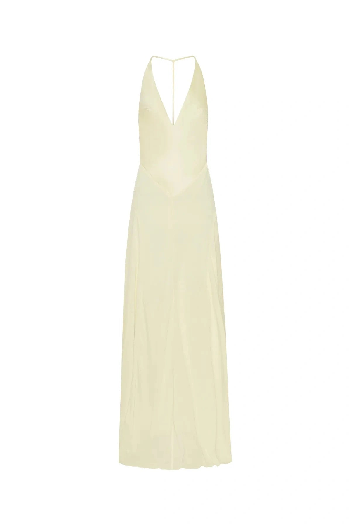 Jaz Hand V-Neck Maxi Dress in Butter by Sneaky Link, a flowing one-shoulder silhouette in soft yellow. Perfect for summer events or weddings.
