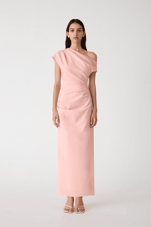 Gia Midi Dress Rose Quartz Pink by Misha – A structured sateen midi with asymmetric neckline and pleat detail, exuding refined modern glamour.