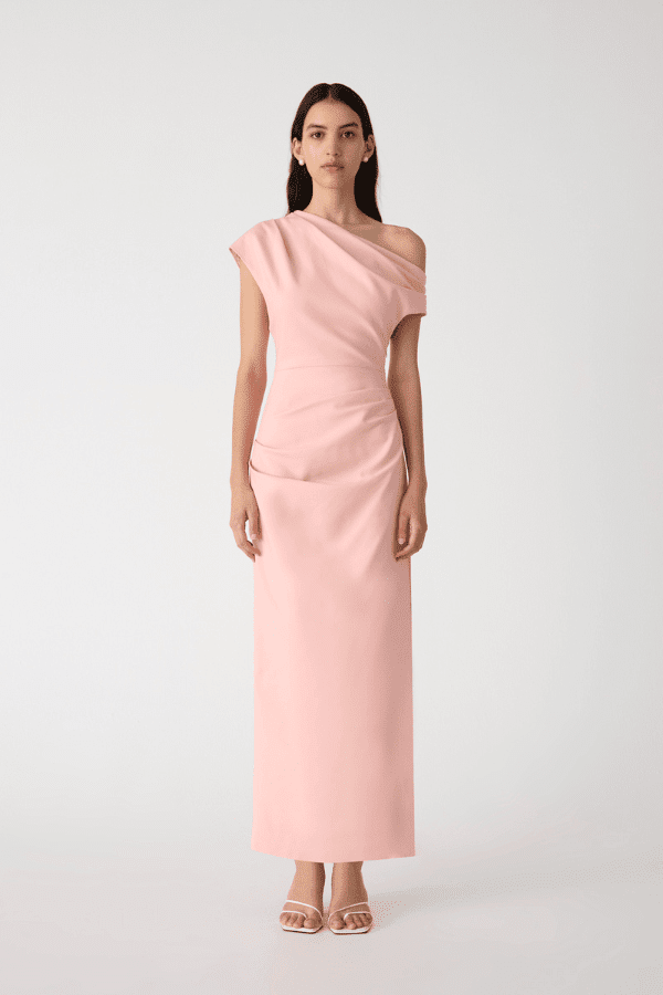 Gia Midi Dress Rose Quartz Pink by Misha – A structured sateen midi with asymmetric neckline and pleat detail, exuding refined modern glamour.