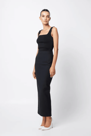 Mayfair Tank Black by Mossman, elegant crepe knit tank with thick straps and square neckline, perfect for trendy viral layering and timeless chic looks.