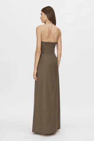 Emmett Dress Coffee by Camilla and Marc – A tailored maxi with structured internal bodice, elegant centre front split, and refined details, perfect for sophisticated occasions.