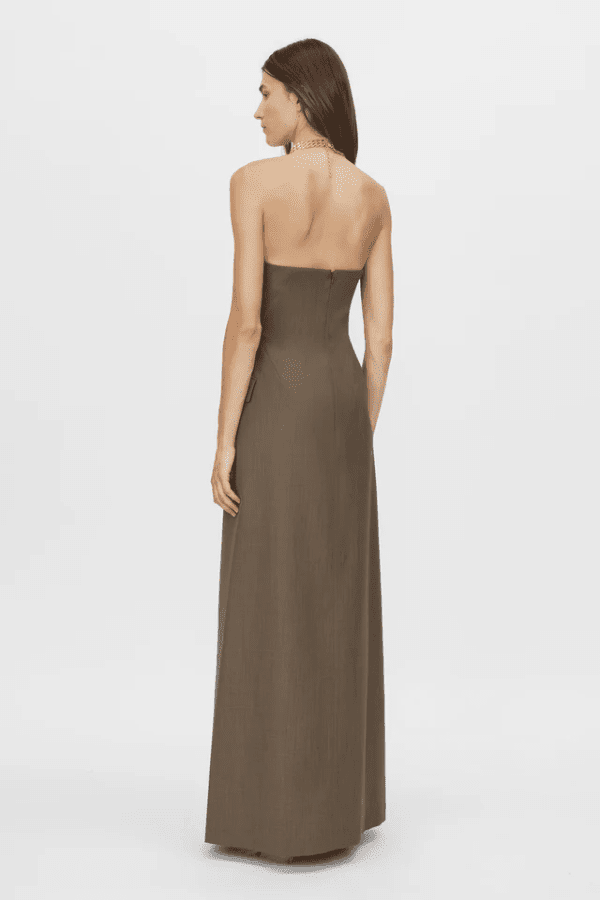 Emmett Dress Coffee by Camilla and Marc – A tailored maxi with structured internal bodice, elegant centre front split, and refined details, perfect for sophisticated occasions.