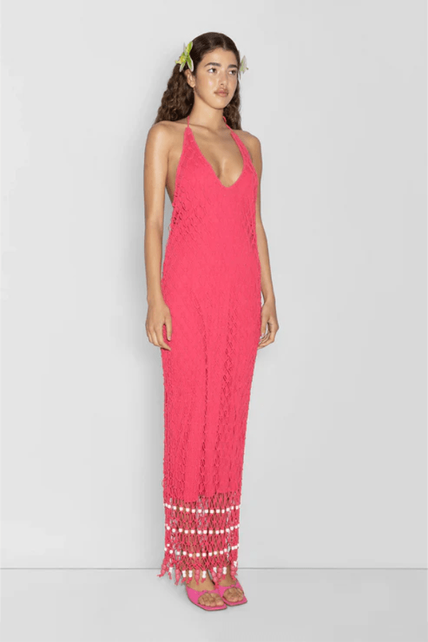 Reis Macrame Maxi Dress Candy by The Wolf Gang – Handmade cotton macrame with bold beaded hem, perfect for festivals and beachside glamour.