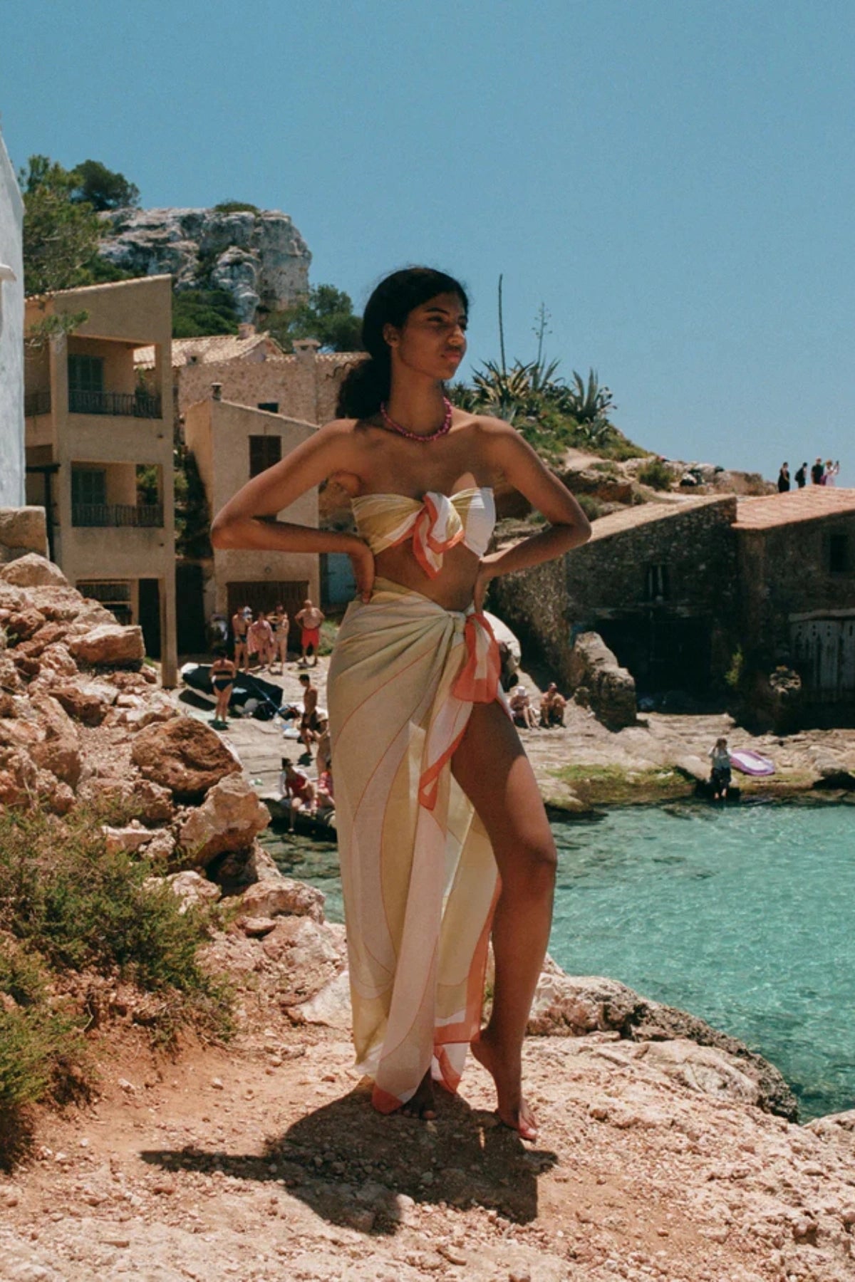 Square Pareo in Essence by Soleil Soleil, a lightweight organic cotton wrap or scarf with paisley-inspired colour-block print, perfect for sun-drenched days.