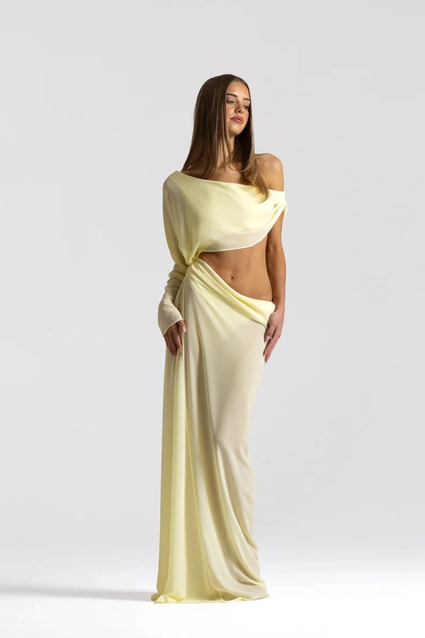 Imogen Dress Lemon by Natalie Rolt, sheer georgette dress with off shoulder draping and asymmetrical waist detail.