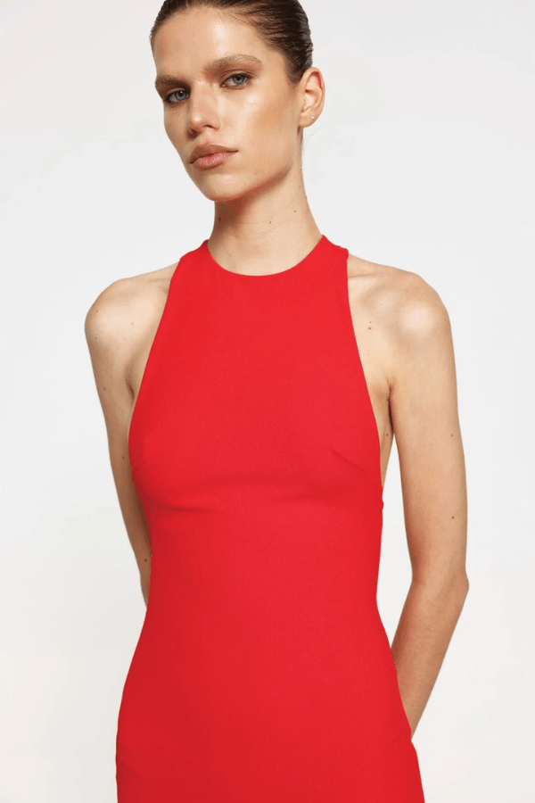 Loren Mini Red by Effie Kats – A bold and trendy mini dress featuring a deep racerback and sleek stretch fit, perfect for seamless day-to-night style.