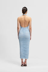Axis Dress by Maygel Coronel, ruched halter maxi dress with 3D floral details and dramatic low back.