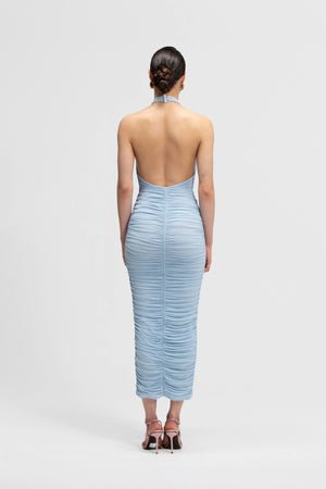 Axis Dress by Maygel Coronel, ruched halter maxi dress with 3D floral details and dramatic low back.