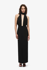 The Capezza Silk Dress by MISHA, a halter midi dress with plunge neckline, silk wrap, and open back. Perfect for elevated evenings.