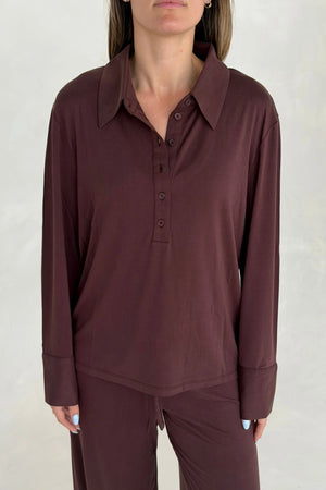 Hunter Long Sleeve Polo Top Chocolate by Sneaky Link, ultra soft stretch polo with a second-skin fit and button neckline.