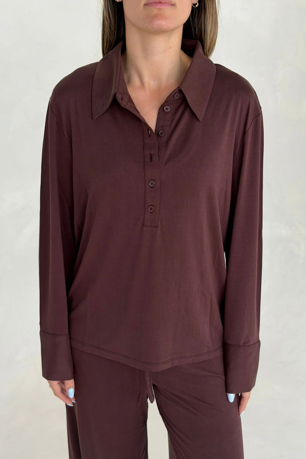 Hunter Long Sleeve Polo Top Chocolate by Sneaky Link, ultra soft stretch polo with a second-skin fit and button neckline.