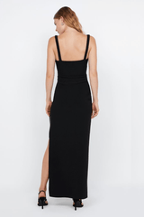 Leora Tuck Maxi Dress Black by Bec + Bridge – A sleek, figure-flattering maxi with delicate straps, waist tucks, and a chic side leg split. Perfect for elegant occasions.