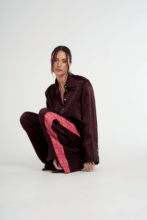 Cuff Shirt Plum by Summi Summi — Silky lightweight shirt with a structured collar and flared oversized cuffed sleeves. Crafted from 100% acetate woven fabric.