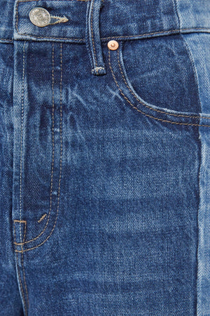 The Tux Sidestepper Sneak Fray Double Take by Mother, wide leg rigid jeans with frayed hem, perfect for edgy everyday styling