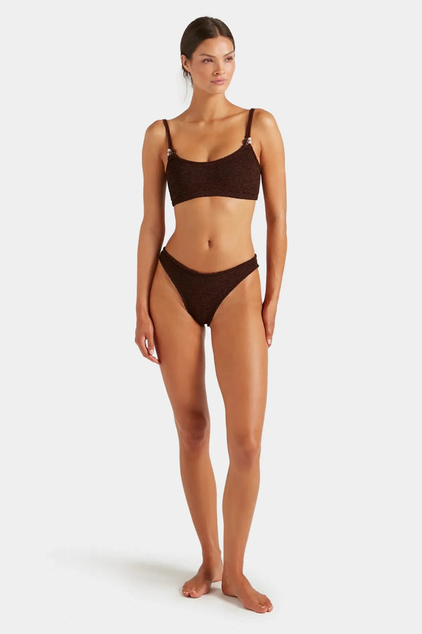 Cassie Beaded Bikini Metallic Chocolate by Hunza G, crinkle bikini with beaded straps, perfect for beach or pool styling