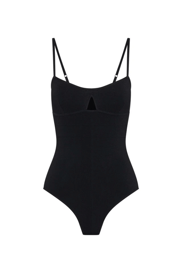 Ophira Bodysuit Black by Camilla and Marc – sleek knit with bold cut-out and satin straps, a trendy pick for nights out or elevated layering.