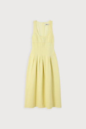 Cotton Mix Cinched Midi Dress Lemon by Odd Muse, structured midi dress with boned bodice and full skirt