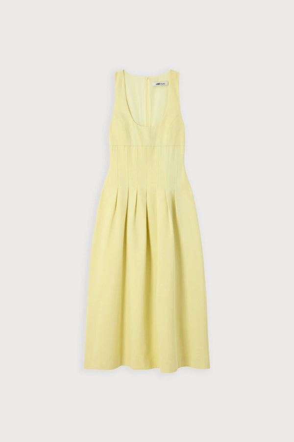 Cotton Mix Cinched Midi Dress Lemon by Odd Muse, structured midi dress with boned bodice and full skirt