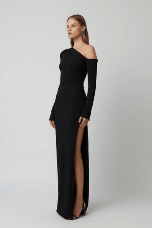 Effie Kats Cayley Gown, an off-shoulder stretch crepe gown with a sleek silhouette and side split for timeless evening elegance.