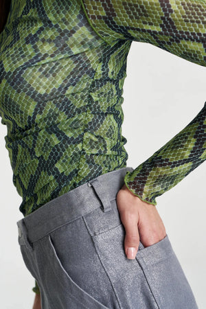 Mesh LS Rouched Skivvy Viper by Summi Summi, sheer ruched long sleeve top, perfect for layering or night styling