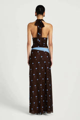 Penelope Top Choc Blue Polka by Benni, plunge halter top with stretch fit, perfect for elevated evening styling