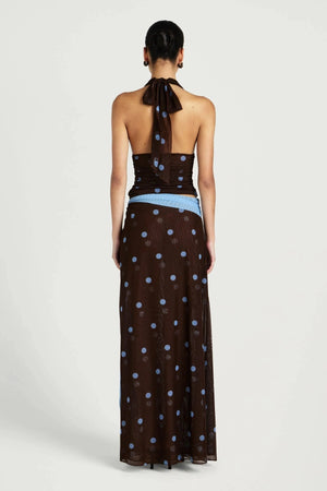 Penelope Top Choc Blue Polka by Benni, plunge halter top with stretch fit, perfect for elevated evening styling