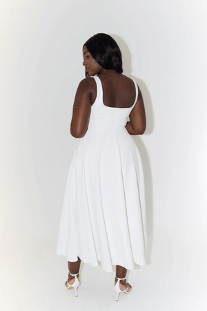 Ultimate Muse High Waist Square Neck Midi Dress White by Odd Muse – Elegant square neck midi with built-in cups and zipper.