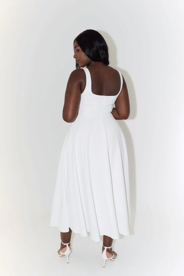 Ultimate Muse High Waist Square Neck Midi Dress White by Odd Muse – Elegant square neck midi with built-in cups and zipper.