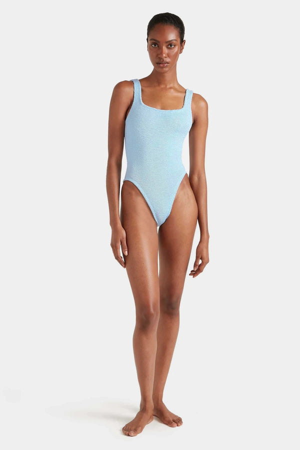 Square Neck Swim Metallic Ice Blue by Hunza G, crinkle one piece swimsuit, perfect for beach or poolside styling